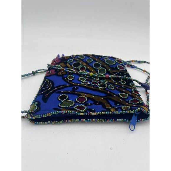 Beaded Velvet Evening Bag With Blue & Multicolor Floral Embroidery Zipper Closur - Picture 4 of 5